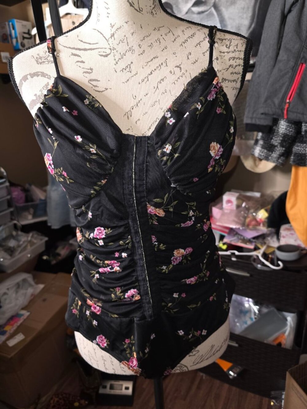 Meraki Black Floral Ruched One-Piece Swimsuit XL Adjustable Straps Polyester Spa
